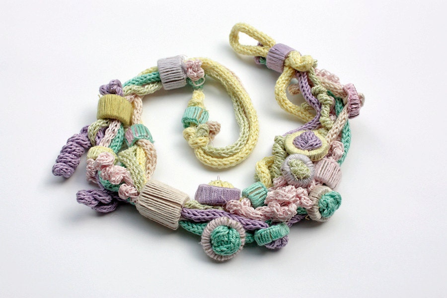 Pastel knit necklace with bamboo beads OOAK