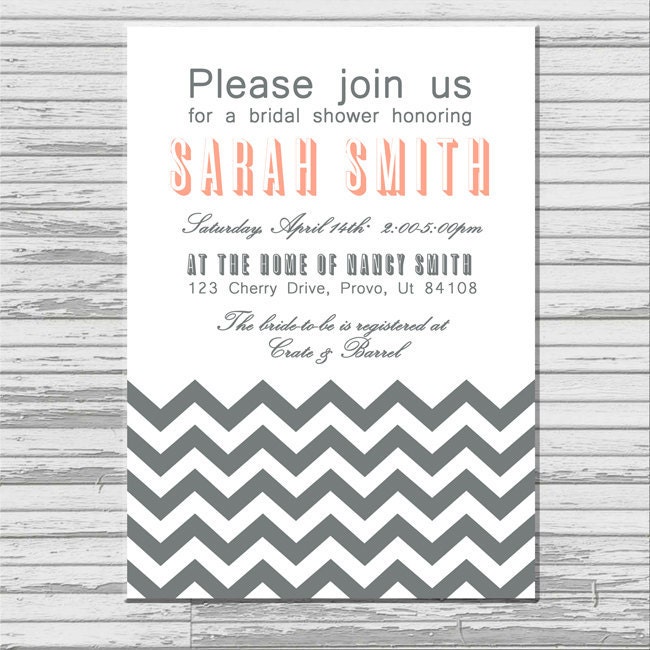 Bridal Shower Invitation - customized 5x7 printable - Modern gray chevron coral salmon pink typographic text