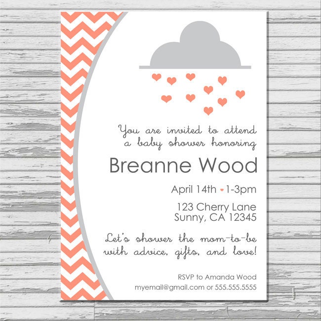 Rain Baby Girl Shower Invitation - customized 5x7 printable - shower with love rain cloud invitation new baby coral gray grey chevron