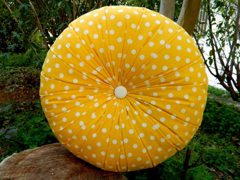 Yellow polka cotton round pillow 16"