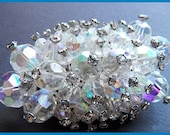 Vintage Crystal Brooch Pin AB Rhinestone BIG Oval Silver Metal Pin Wire Style 2 3/4" EX