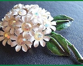 Vintage Brooch Pin White & Green Enamel AB Rhinestone Flower Design Gold Metal