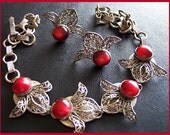 Vintage Necklace Earring ANTIQUE SET Silver Leaf Filigree Metal  & Red Iridescent Glass Cabs