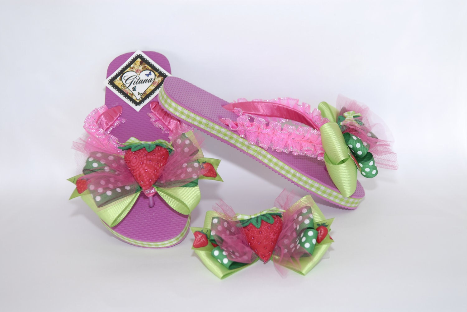 Girl Flip Flops- Flip Flops-Strawberry Flip Flops - Fuchsia Flip Flops-Decorated Flip Flops-Girl Accessories- Girl Sandals