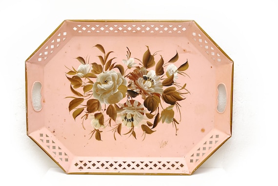1950s Handpainted Pink Serving Tray, Toleware Nashco Products NY