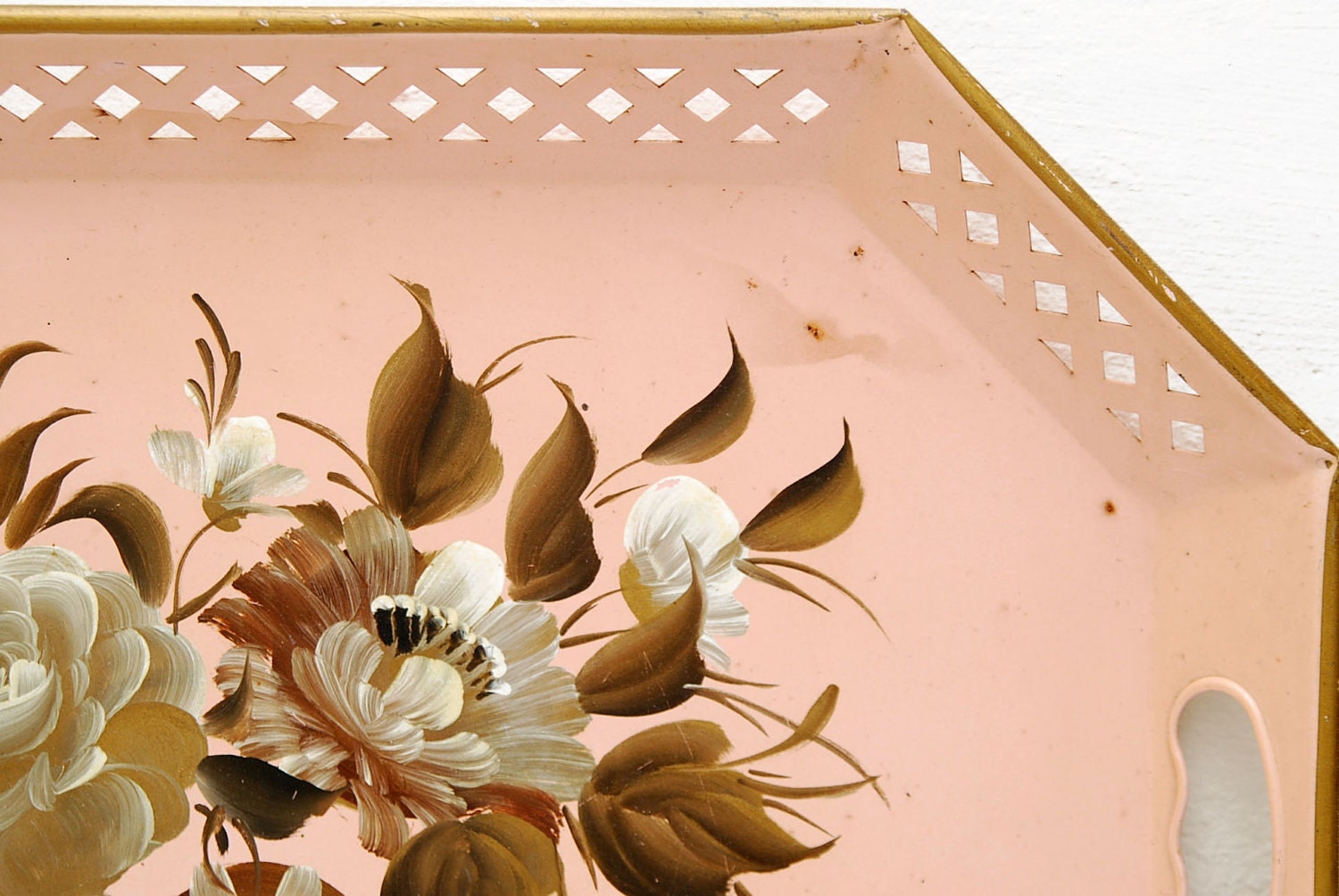 1950s Handpainted Pink Serving Tray, Toleware Nashco Products NY
