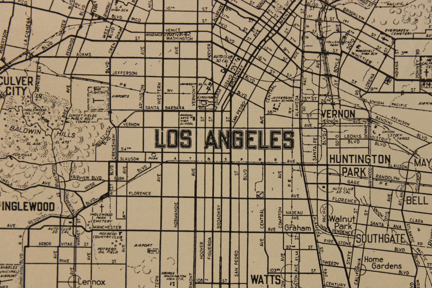 Vintage Map Los Angeles, California Original 1935