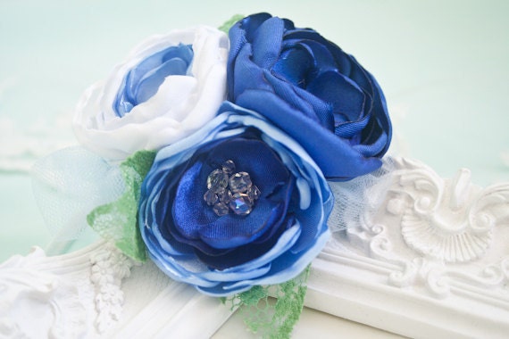 Hydrangea Garden Blue Satin Flowers Headband - Deep Blue, Ice Blue, White - Flower Hair Accessory - Photo Prop - Israel
