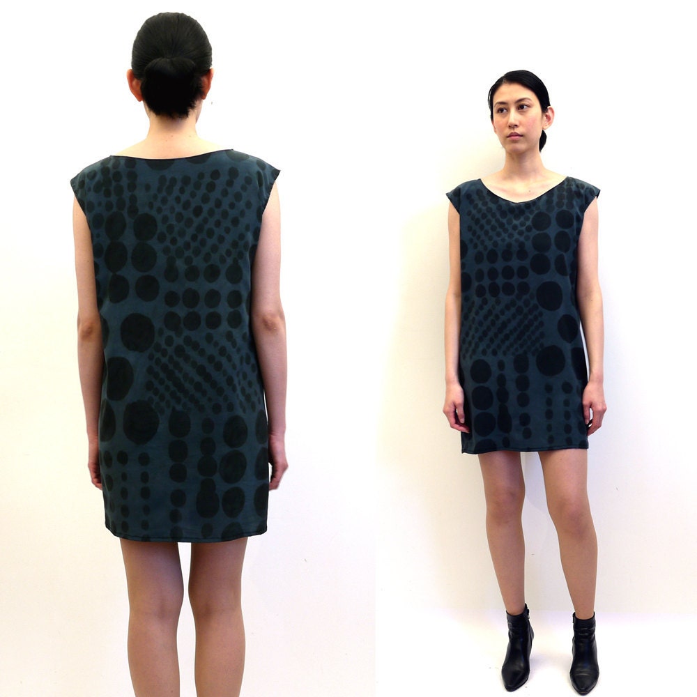 silk hand painted mini dress.  PATCH WORK DOTS.  made to order.