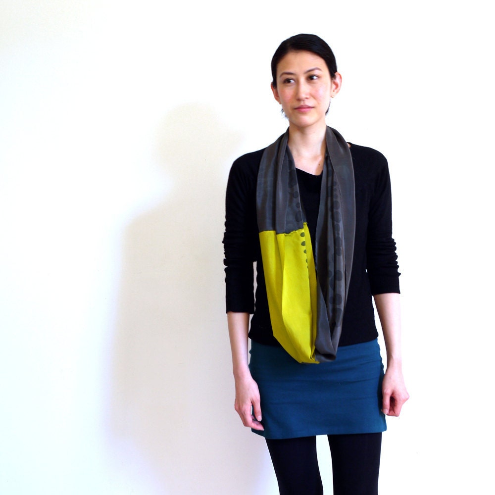 Hand painted Silk COWL Scarf. Chartreuse and black.