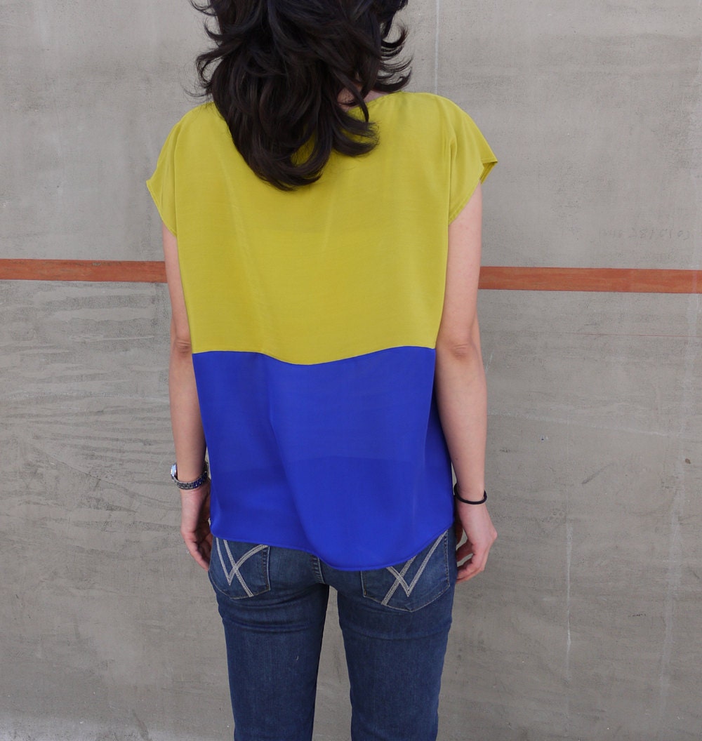 Hand dyed Silk top. Chartreuse, blue and yellow color block Tee - Custom sizing.