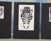 Black Zebra 3 Greeting Cards set - Original Lino Prints in Black