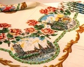 REDUCED Vintage RARE 1950s European Vacation Souvenir Tablecloth AND 6 matching Napkins Paris Rome London