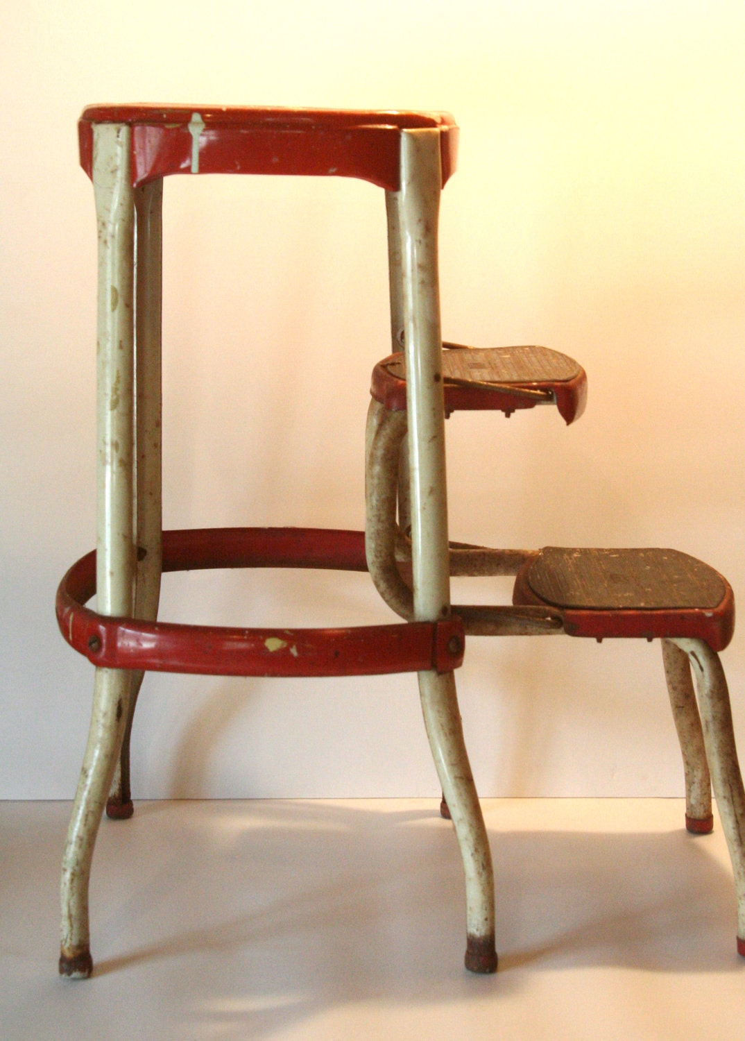 Vintage Cosco RED and WHITE chippy shabby cottage step stool industrial barstool