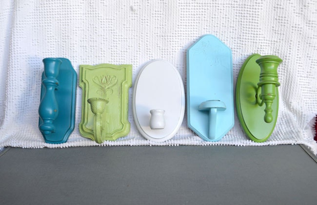 Coastal Candlesconce Collection of 5- Aqua Teal Greens White.. Upcycled Shabby Chic wall candleholders Beach Cottage Home Decor