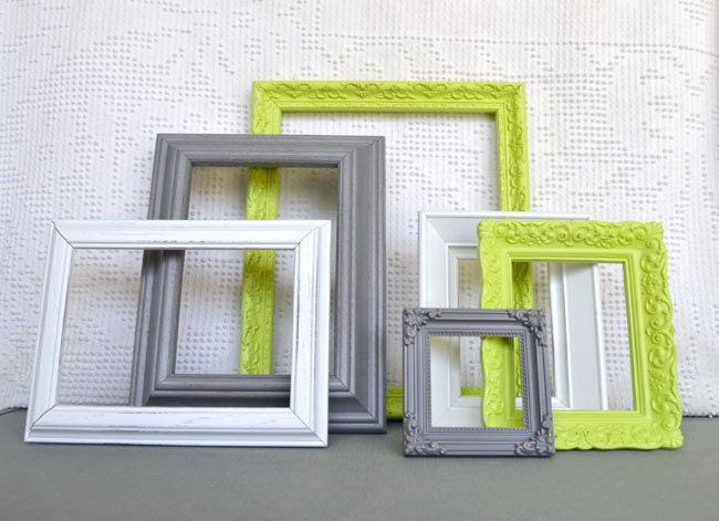 Lime Green, Grey White Ornate Frames Set of 6 - Upcycled Frames Modern  Bedroom Decor