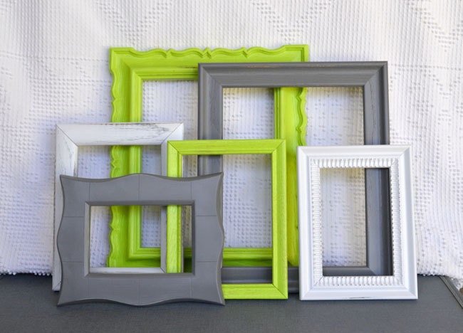 Lime Green, Grey White Frames Set of 6 - Upcycled Frames Modern Bedroom Decor