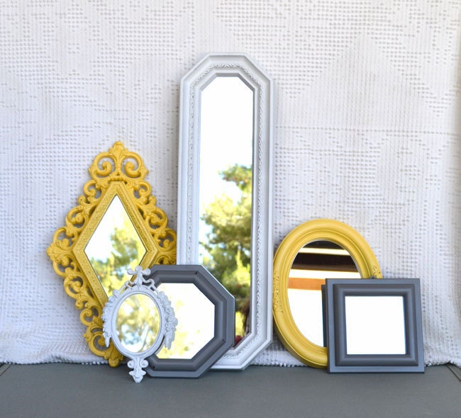 Yellow Grey/Gray White Ornate Upcycled 6 Mirrors collection.... Painted Modern Mirror set of 6