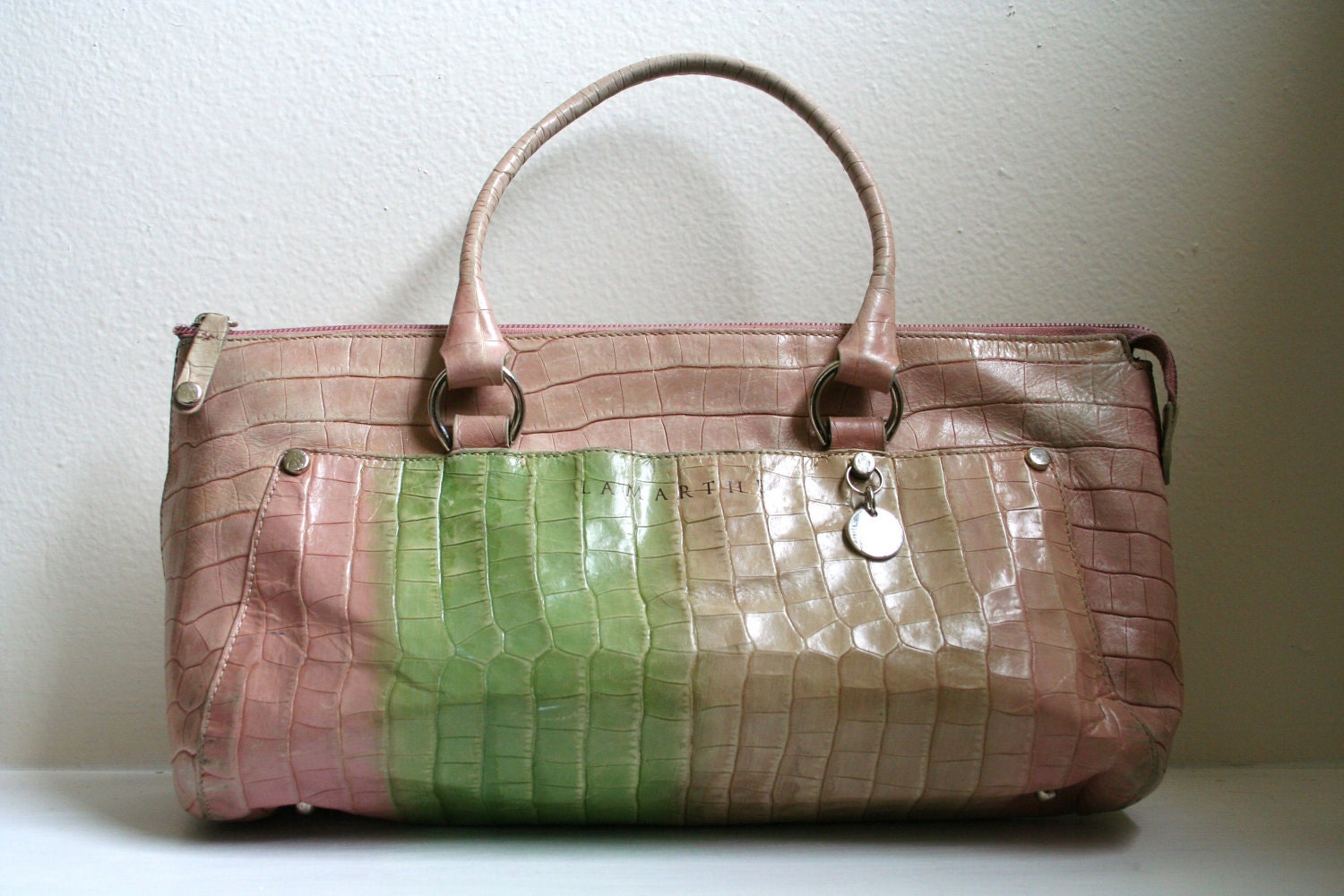 Pink & Green Leather Lamarthe Paris Handbag