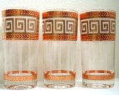 Retro Orange Gold Greek Highball Glasses Trio