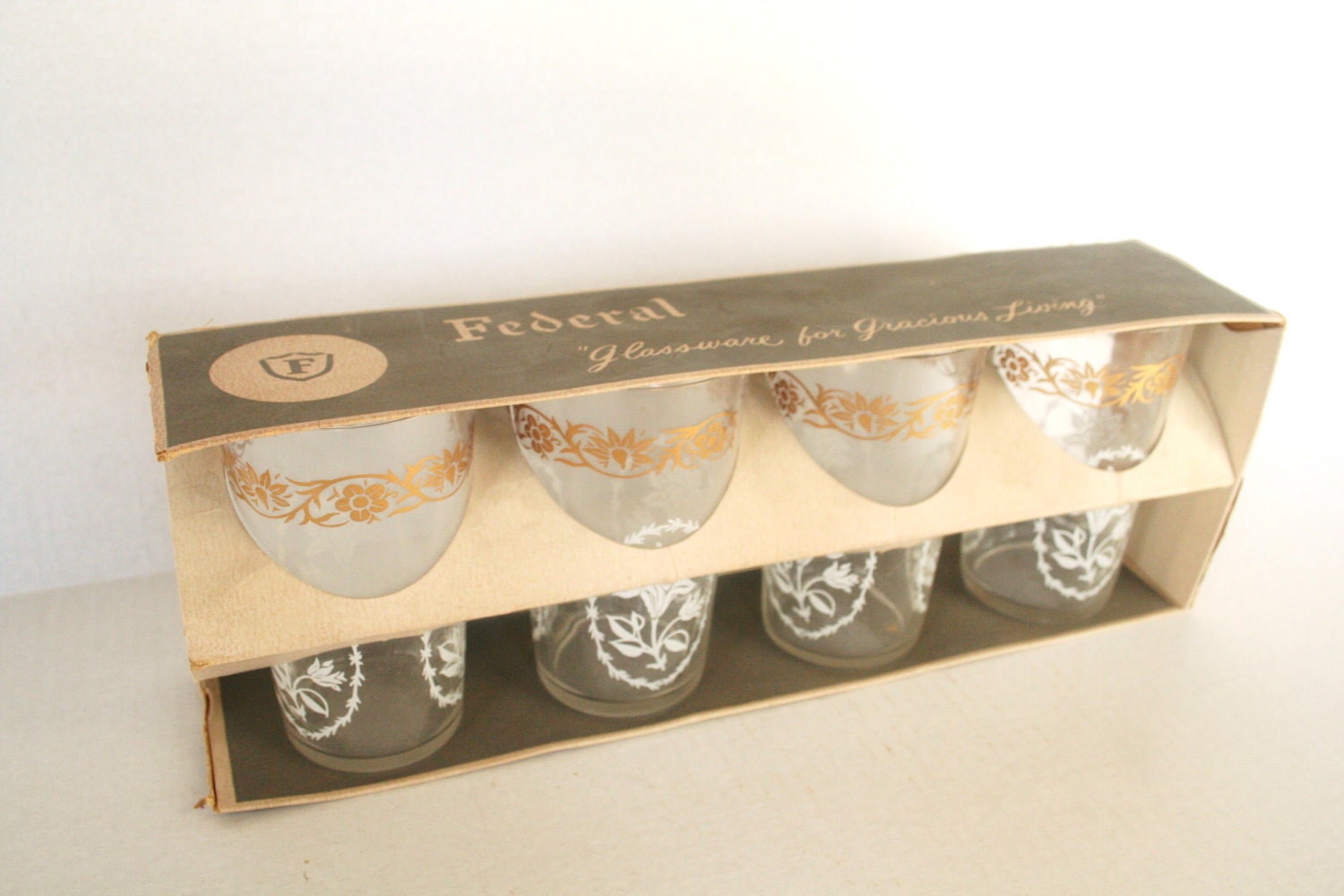 Federal Glasses Mint Condition White Gold Floral