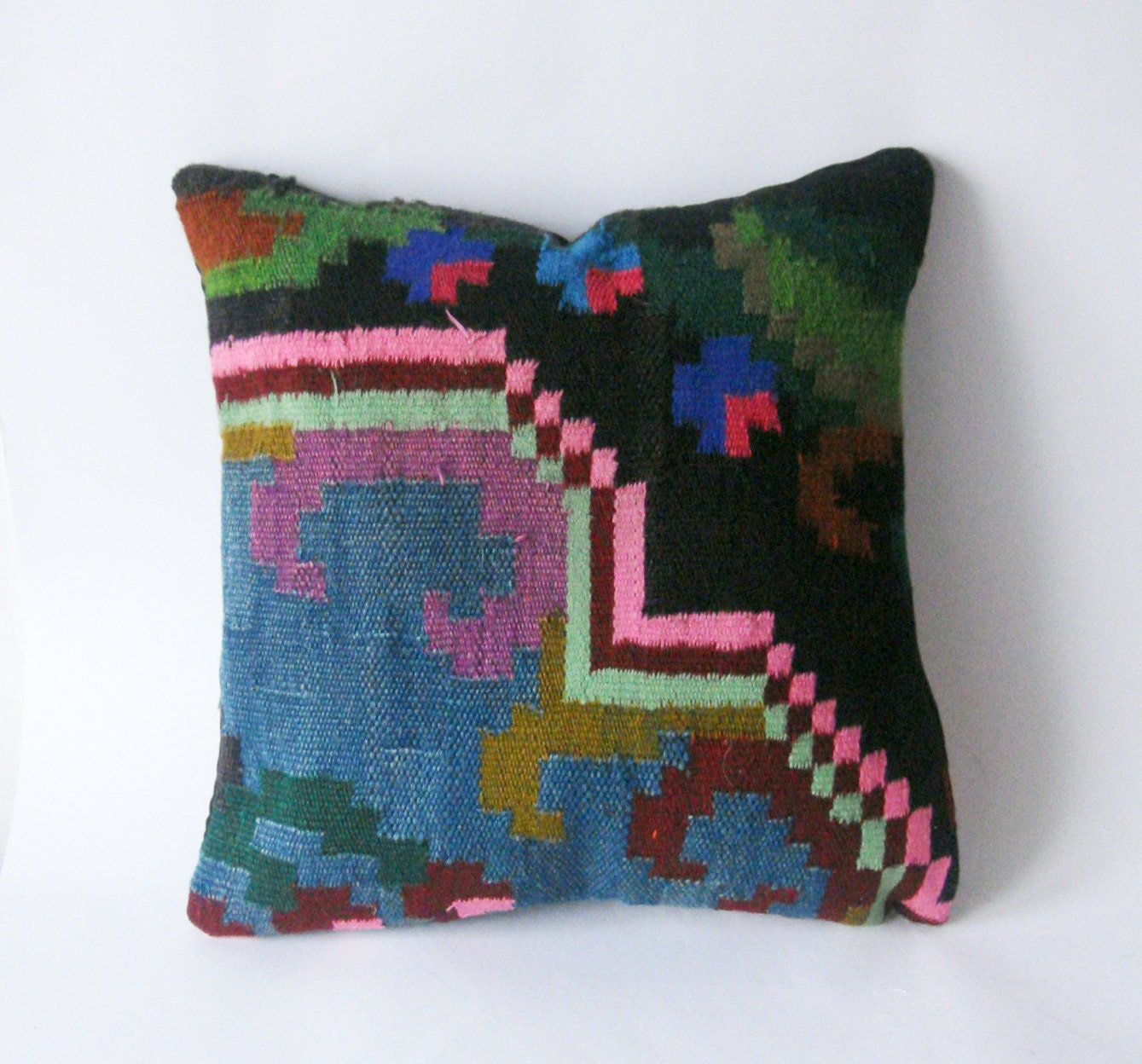 Kilim Pillow Cover for Home decor - Bohemian Ethnic Wool Rustic Antique Romanian Hand Woven Turkish Kilim Pillow Case Bright 16 x 16