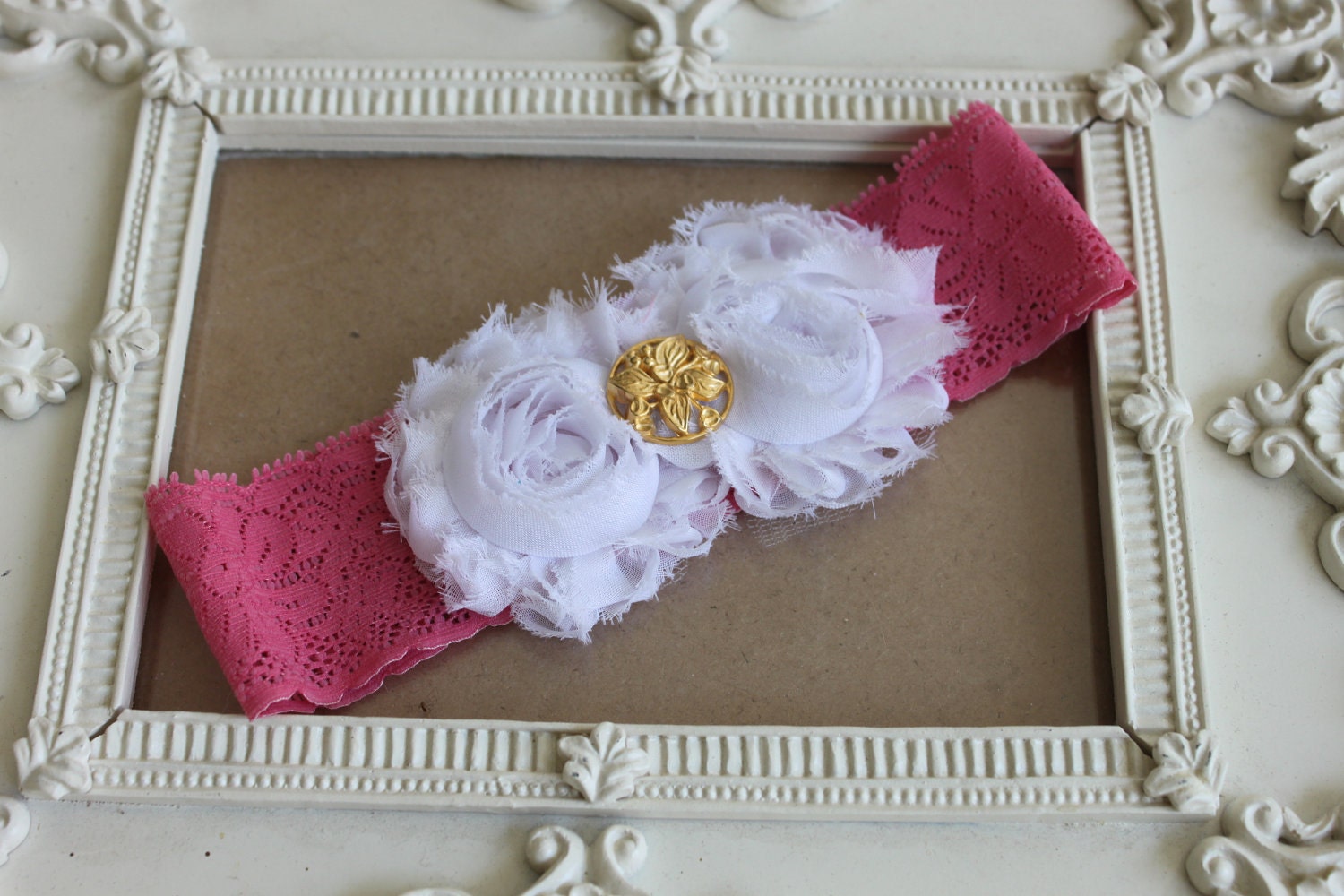 Baby Headband-Newborn Headband-Toddler-Infant-Photo Prop- White Shabby Flowers on a pink  lace band