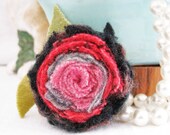 SALE - Rose Felt Wool Brooch Flower Spring Romantic RASPBERRY Pink  Aqua Hooking Pin TREASURY Handmade