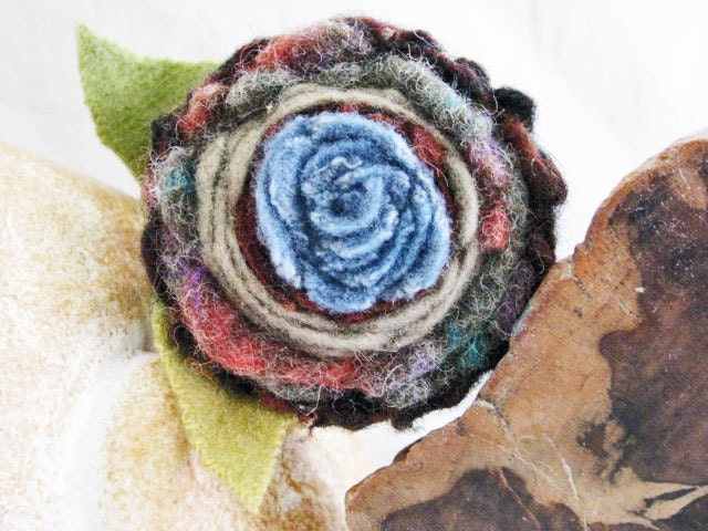 SALE // Rose Felt Wool Brooch Flower SHABBY Blue Pin // TREASURY // Handmade // Now 20% Off