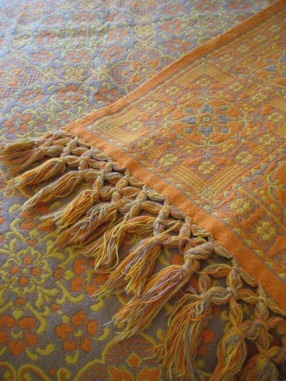 Vintage Woven Tapestry Bedspread with fringe. by RedWingedVintage