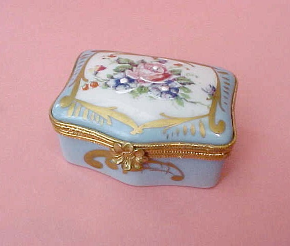 Beautiful Hand Painted French Robin's Egg Blue Porcelain Trinket Box with Pink Rose