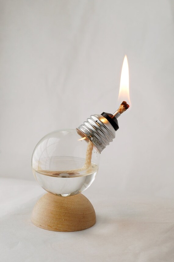 Mini Steampunk Recycled Light Bulb Oil Lamp on Natural Wood Half Dome Base (12-001)