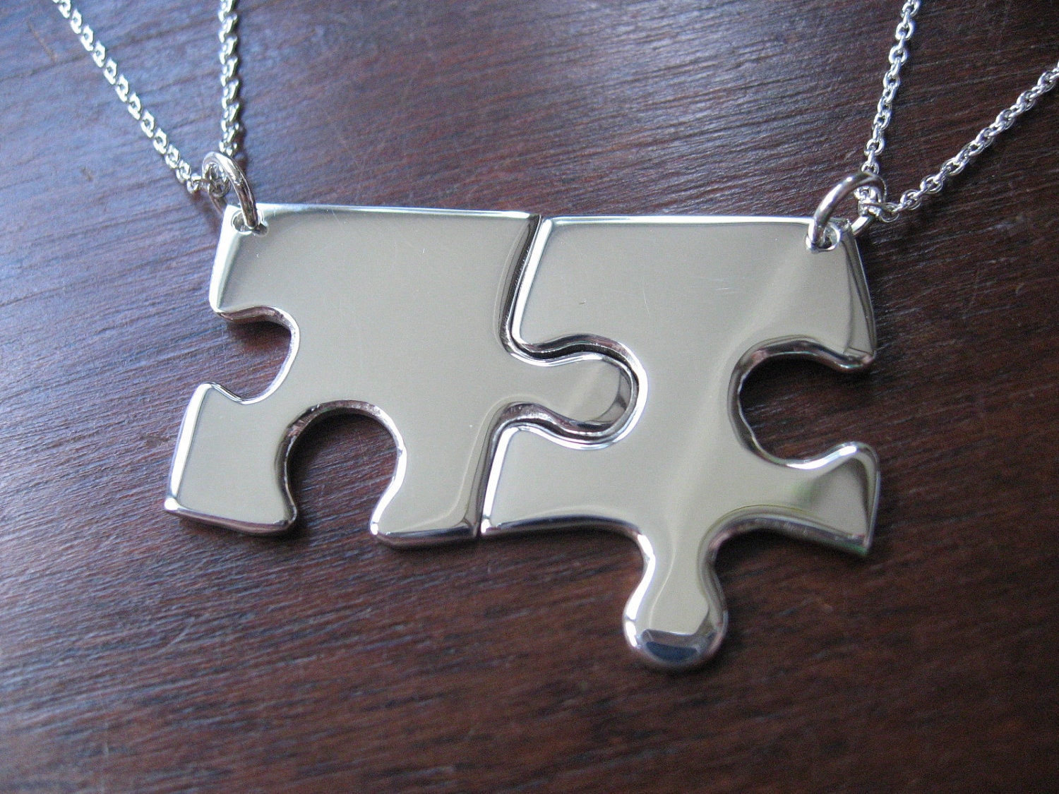 Two Edge Puzzle Pieces Silver Pendant Necklaces