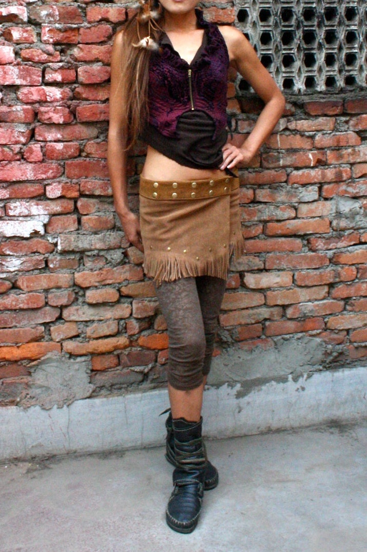 Fringed Suede Leather Super Mini Wrap Skirt - Camel Brown Color, Hippie, Psy Ethnic Style