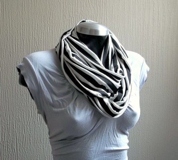 Striped Infinity scarf, in black and white jersey knit, light and cozy,EXTRA WIDE.