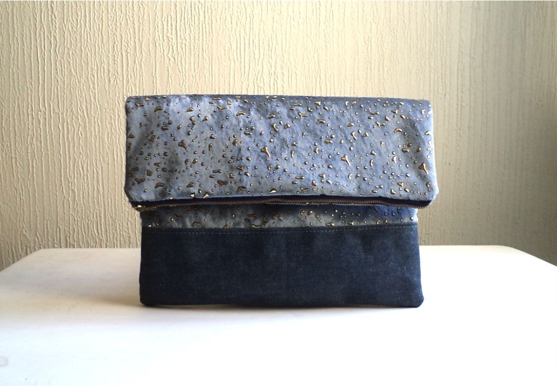Vegan Clutch, handbag, fold over clutch,pearl grey velvet and golden drops , Ready To Ship.