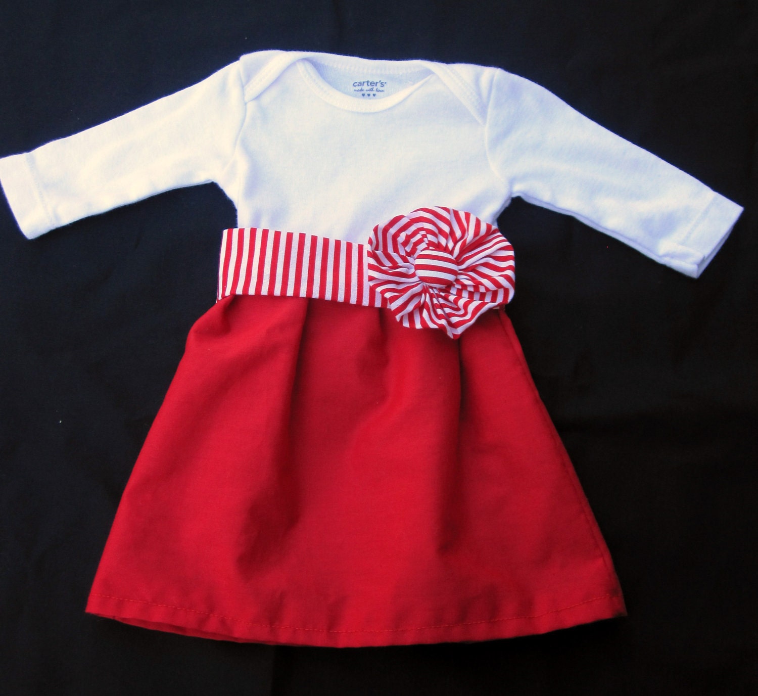 Red and White Onesie Dress with Removable Belt and Fabric Flower