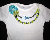 Aqua, Green and Black Name Necklace Onesie with Fabric Flowers