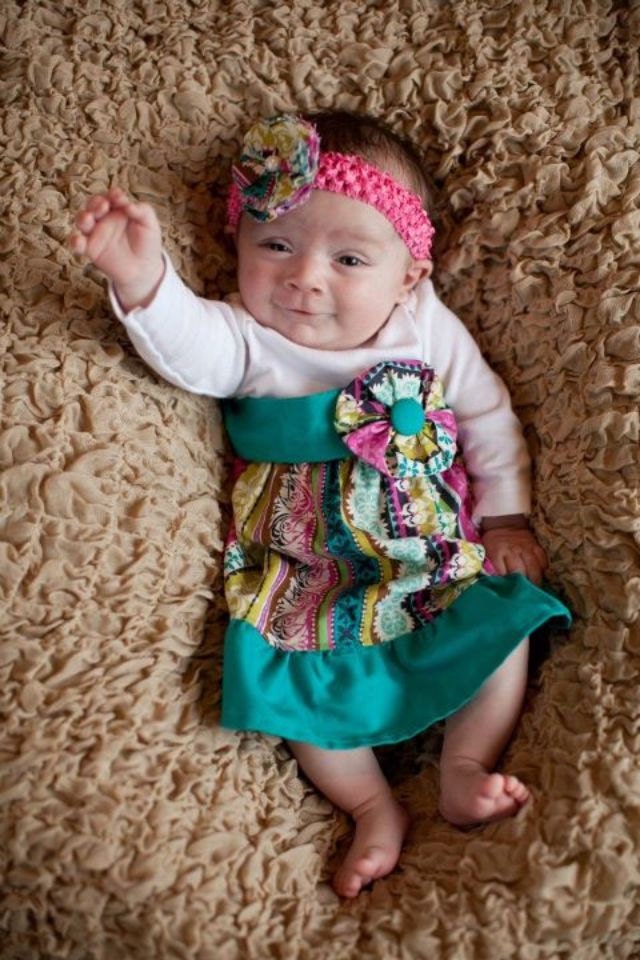 Multi Colored Striped Onesie Dress with Removable Belt and Fabric Flower