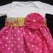 Pink Polka Dot Custom Minky Onesie Gown with Yellow Paisley Patterned Ribbon and Fabric Flower