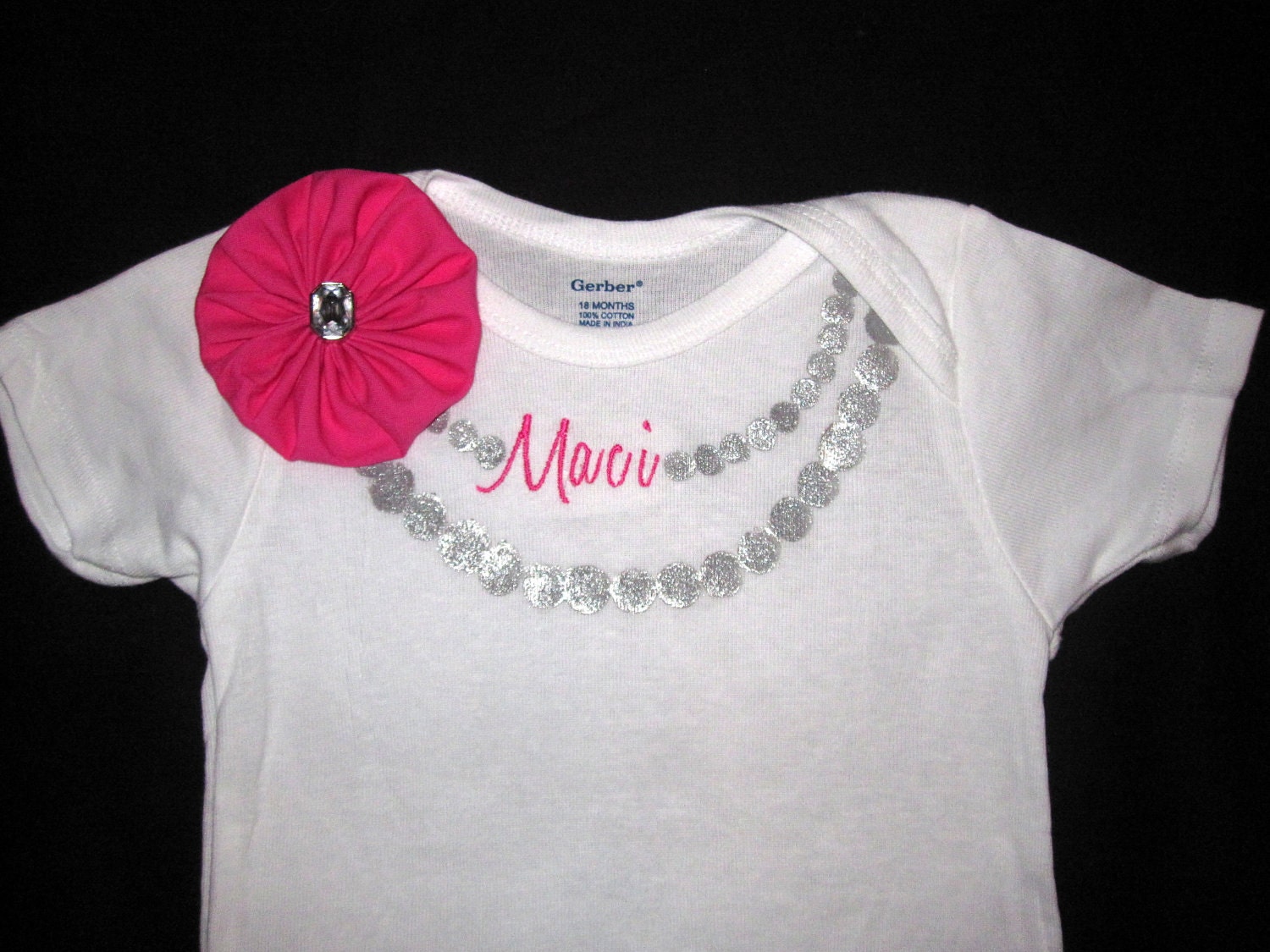 Silver and Pink Name Necklace Onesie with Fabric Flower