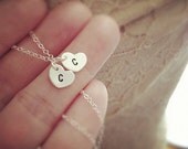 Dainty Two Hearts Initial Necklace - All Sterling Silver - Everyday Jewelry - Personalization Gift - Hand Stamped Custom