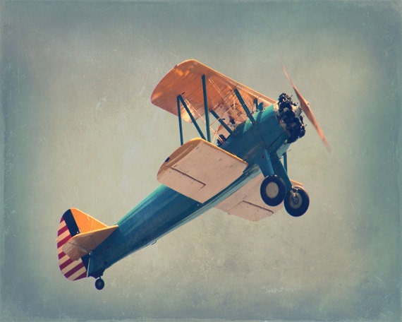 Vintage Airplane Art Print - Blue Yellow White Nursery Boy Room Home Decor Flying Aviation Biplane Antique Photograph