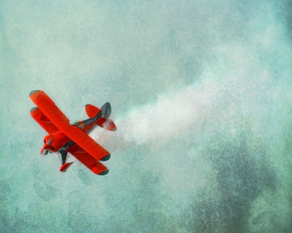 Vintage Airplane Art Print - Red Blue Nursery Biplane Flying Aviation Boy Room Wall Decor Plane Photograph