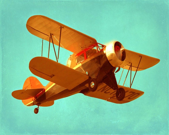 Vintage Airplane Art Print - Antique Plane Nursery Boy Room Biplane Orange Aqua Yellow Aviation Flying Photo