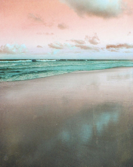 Beach Art Print - Pink Green Aqua Reflection Surreal Beach House Wall Art Home Decor  Pastel Photograph