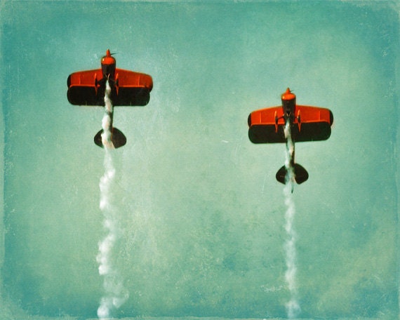 Vintage Airplane Print - Aviation Nursery Flying Boys Room Wall Decor Plane Biplane Aqua Orange Photograph