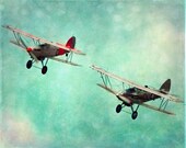 Airplane Vintage Art Print - Nursery Aqua Red Silver Boy Room Home Decor Biplane Plane Flying Aviation Wall Art Photograph