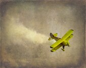 Vintage Airplane Art Print - Nursery Biplane Yellow Gray Decor Military Flying Aviation Boy Room Children Plane Home Wall Art Photogragh