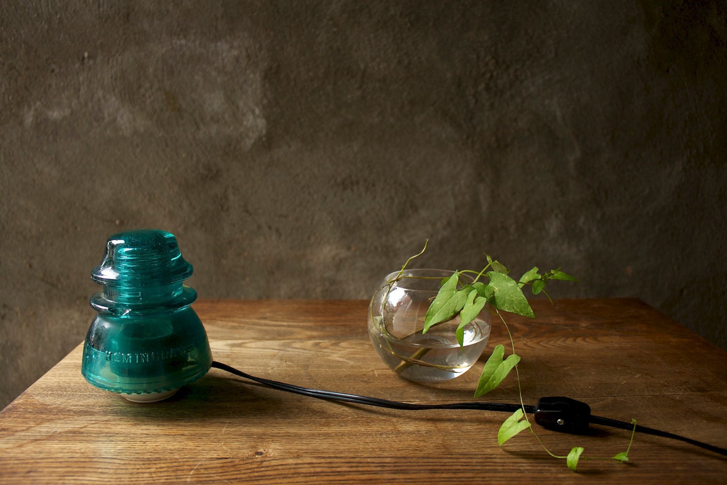 Glass Lamp Wedding Lighting Bedside Lamp - Vintage Teal Glass Telegraph Insulator Steampunk Lamp